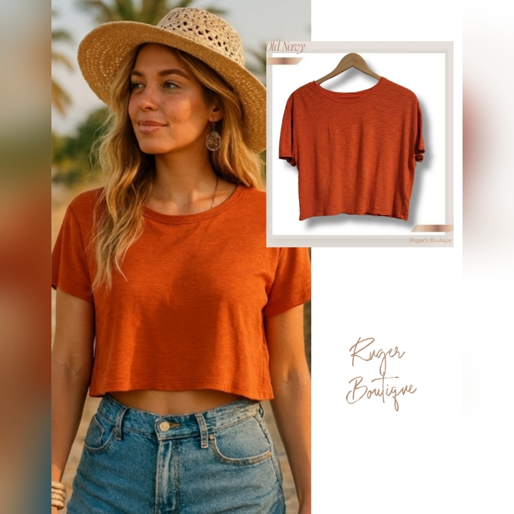 🌿Old Navy Women's Medium Bright Heathered Orange Crop Top Tee